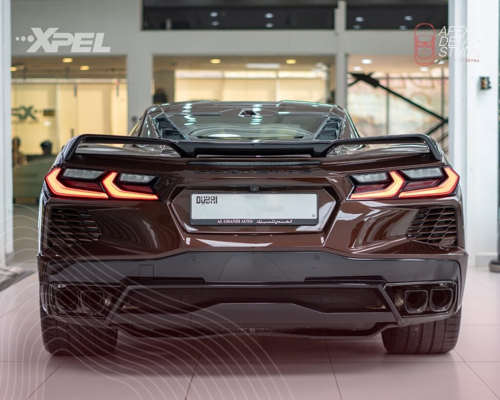 A Chevrolet C8 Corvette gleaming exterior and pristine interior after expert detailing. 