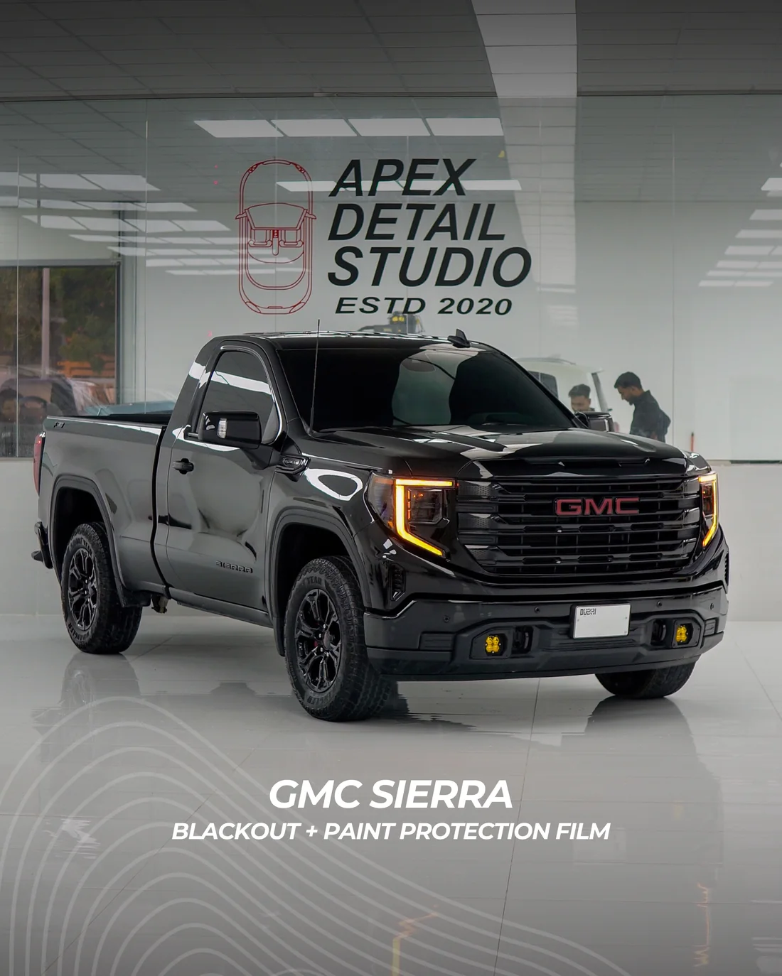 GMC Sierra Blackout and paint protection film at Apex Detail Studio