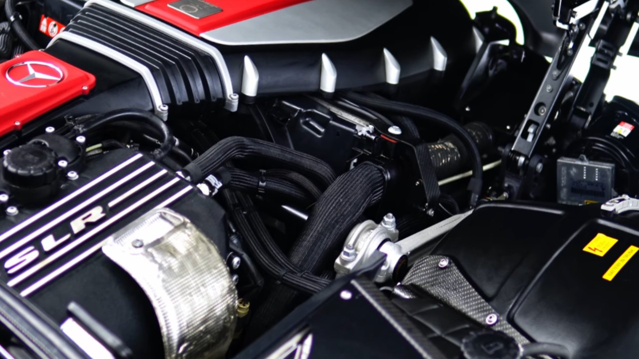 Mercedes-Benz SLR McLaren engine bay after dry ice cleaning at Apex Detail Studio, Dubai