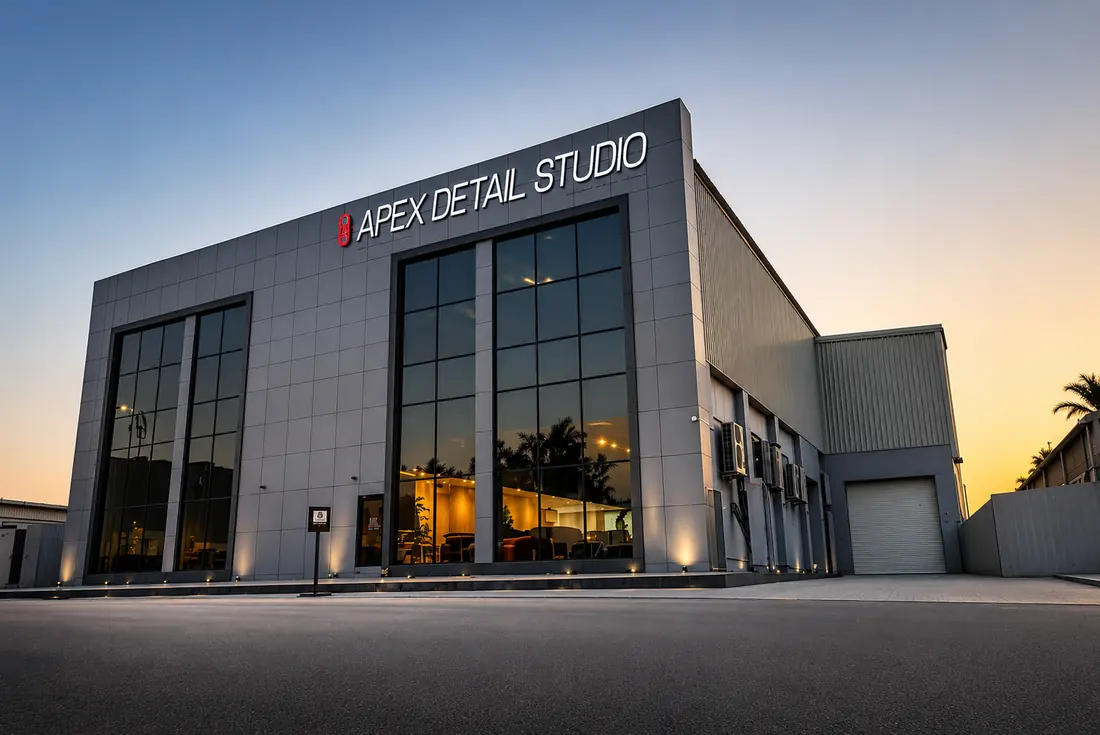 The Apex Detail Studio building on 6A Street, Al Quoz, at dusk