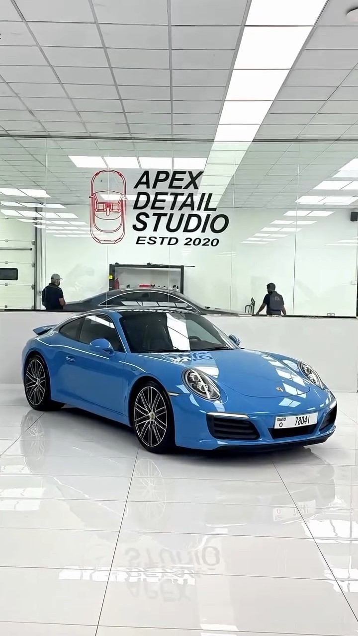 Porsche 911 Carrera finished in blue colour PPF at Apex Detail Studio, Dubai