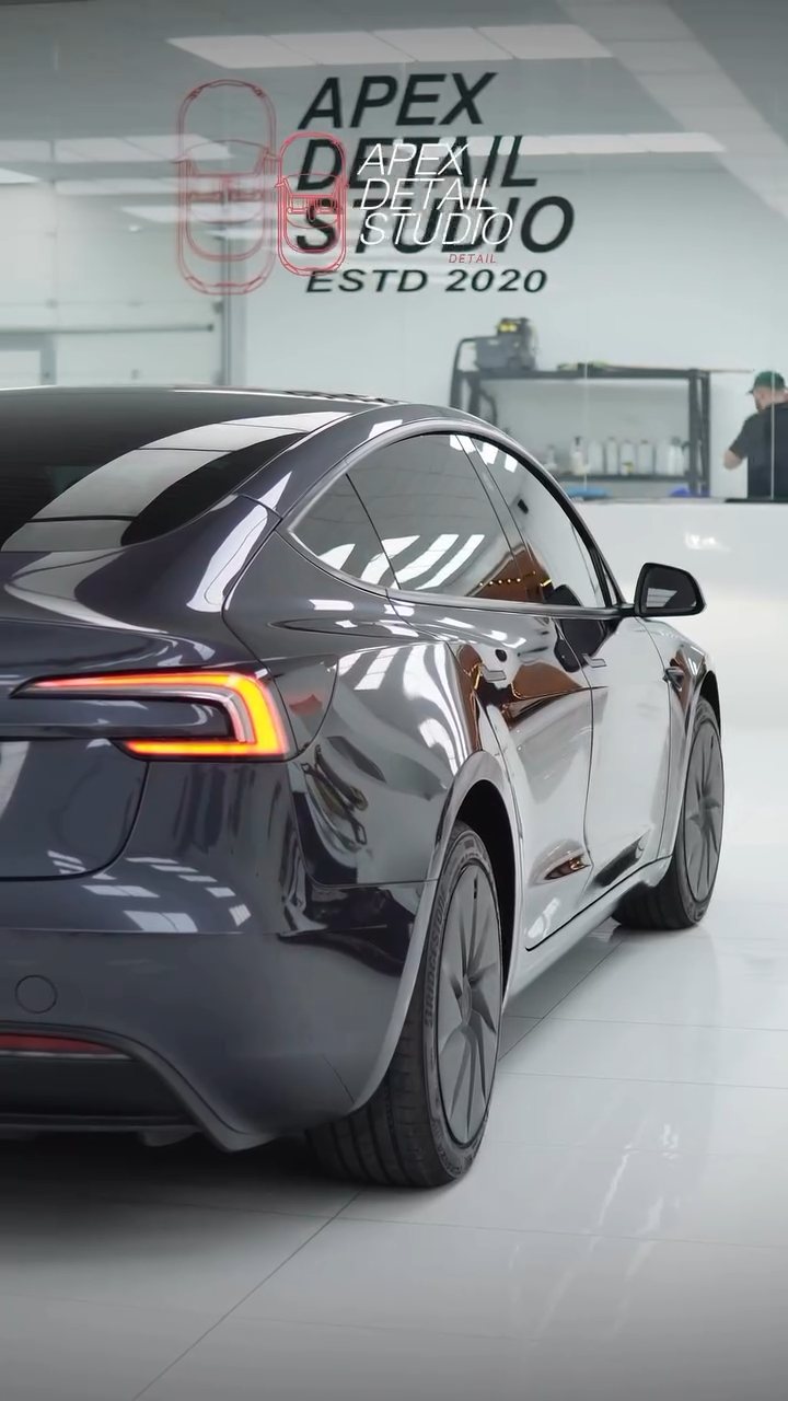 Tesla Model 3 rear three-quarter after window tint at Apex Detail Studio Dubai