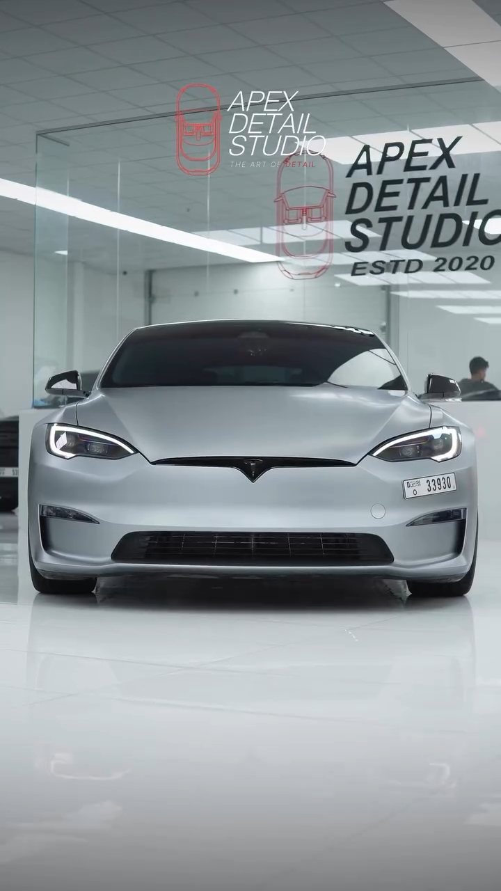 Tesla Model S Plaid front after window tint at Apex Detail Studio Dubai