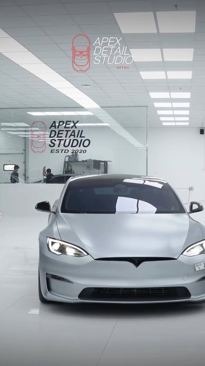 Tesla Model S Plaid in the Apex Detail Studio showroom after tint, Dubai